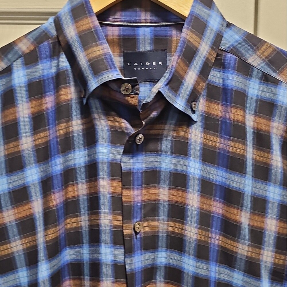 Calder Carmel Men's Blue Brown Black Plaid Long Sleeve Button-Down Shirt